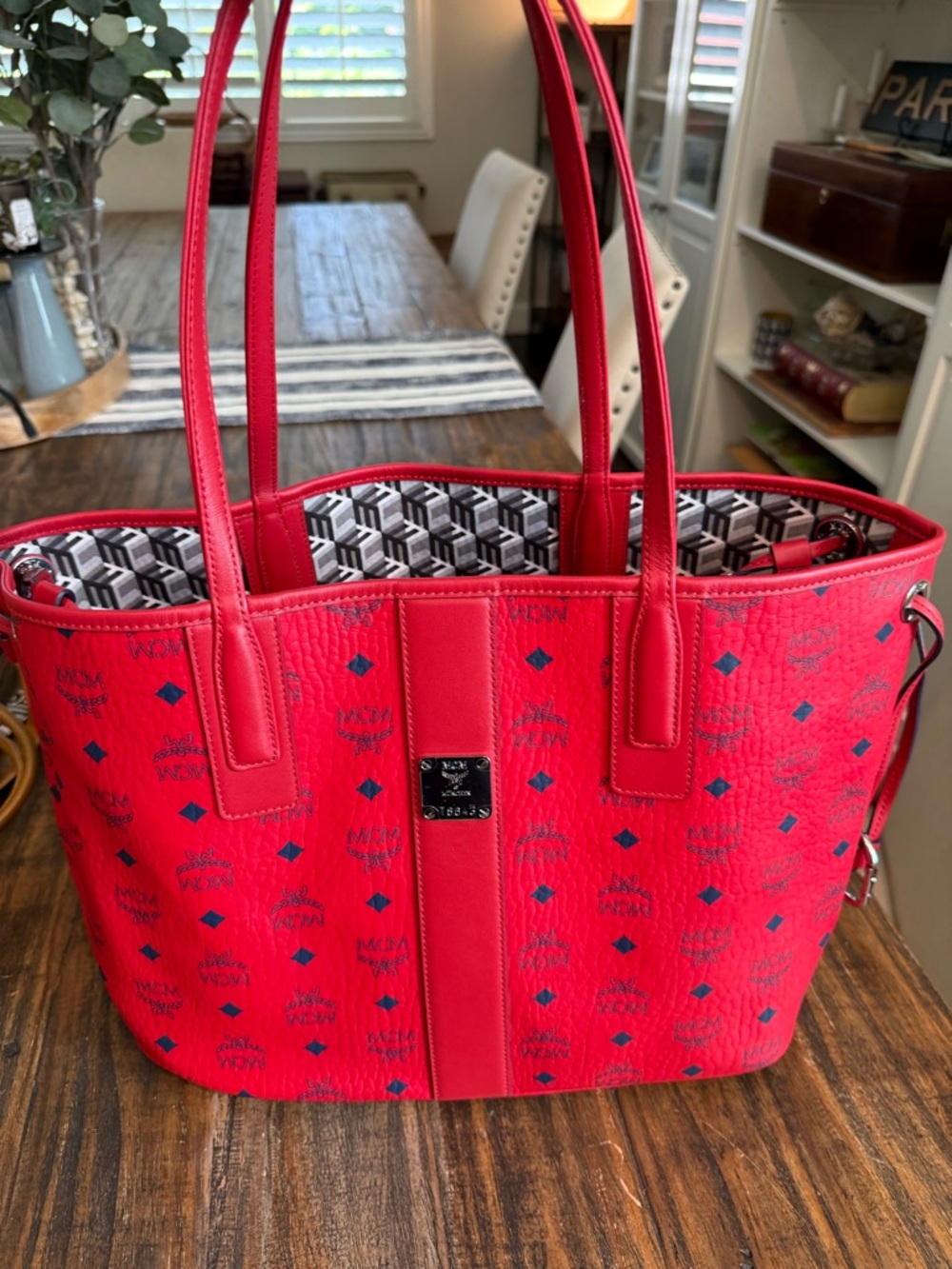 MCM Red Logo Large Shopper Tote with Blue Accents